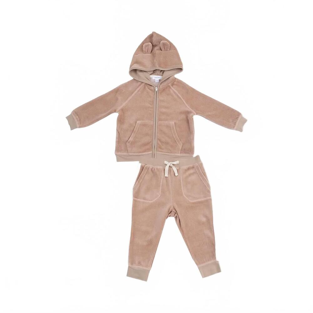 NEW ANGEL DEAR kid's zip bear ear hoodie and varsity stripe jogger set in velour